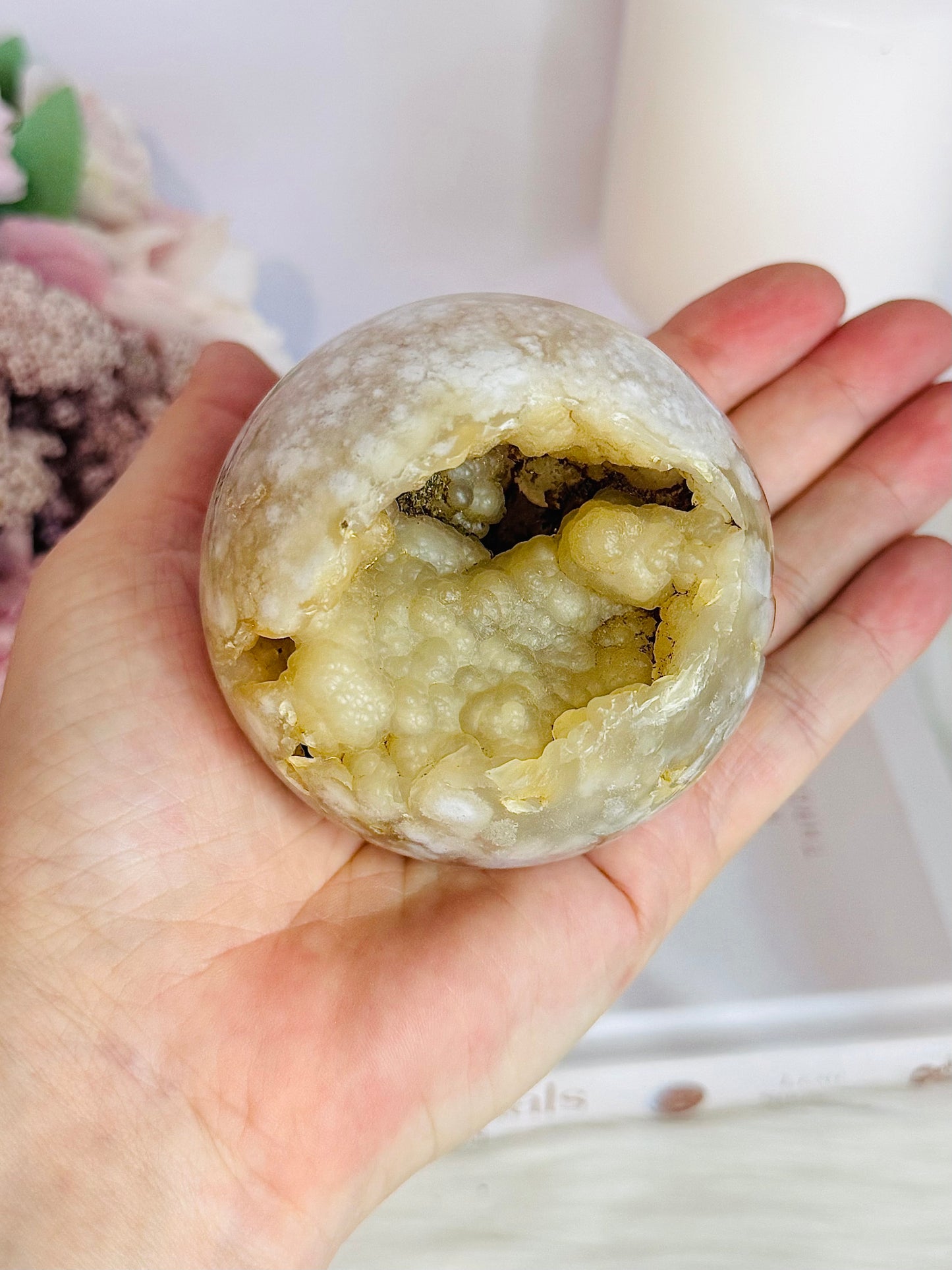 Large 389gram Druzy Flower Agate Sphere On Stand