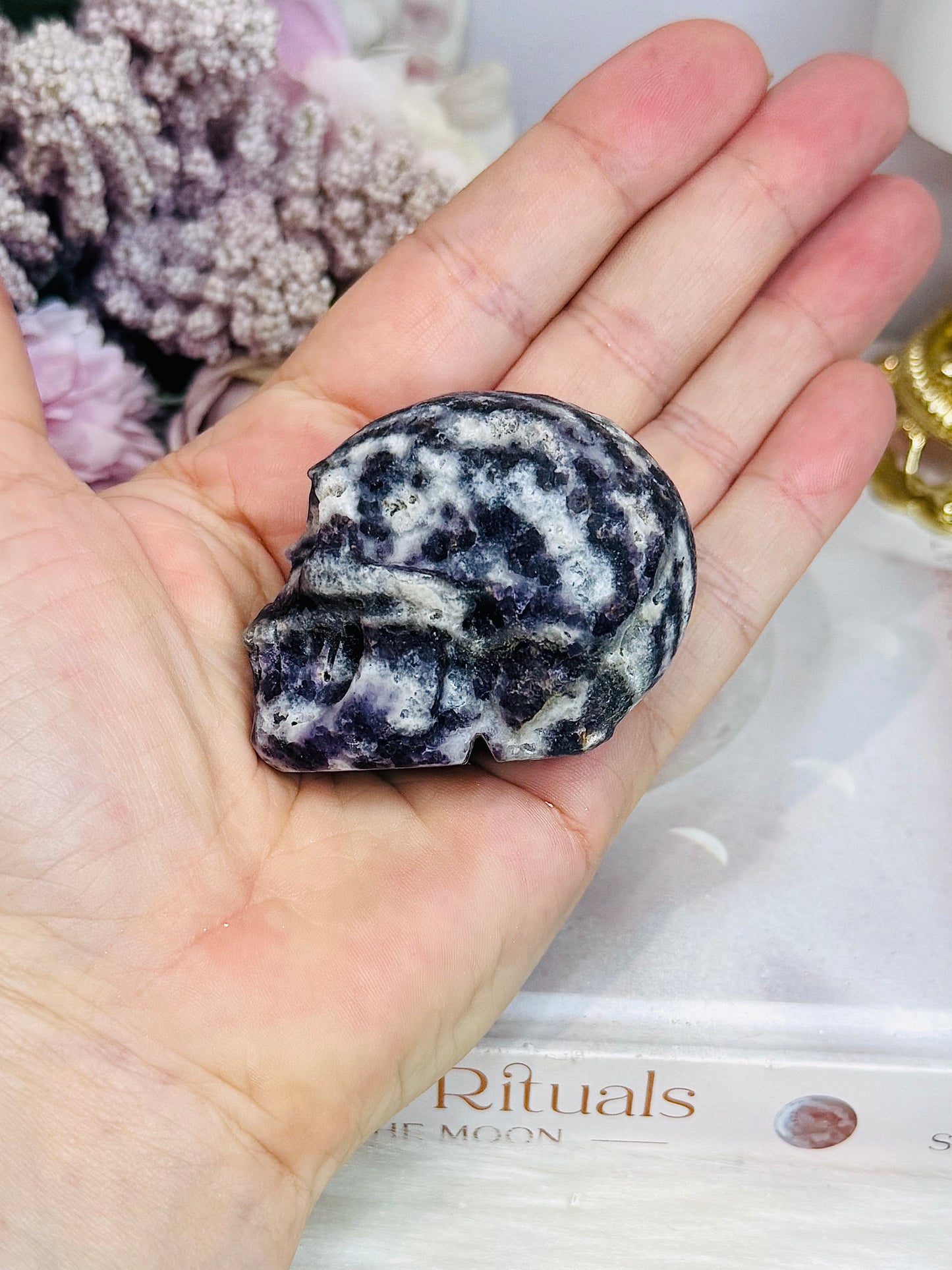 Purple Root Fluorite Carved Skull 6cm