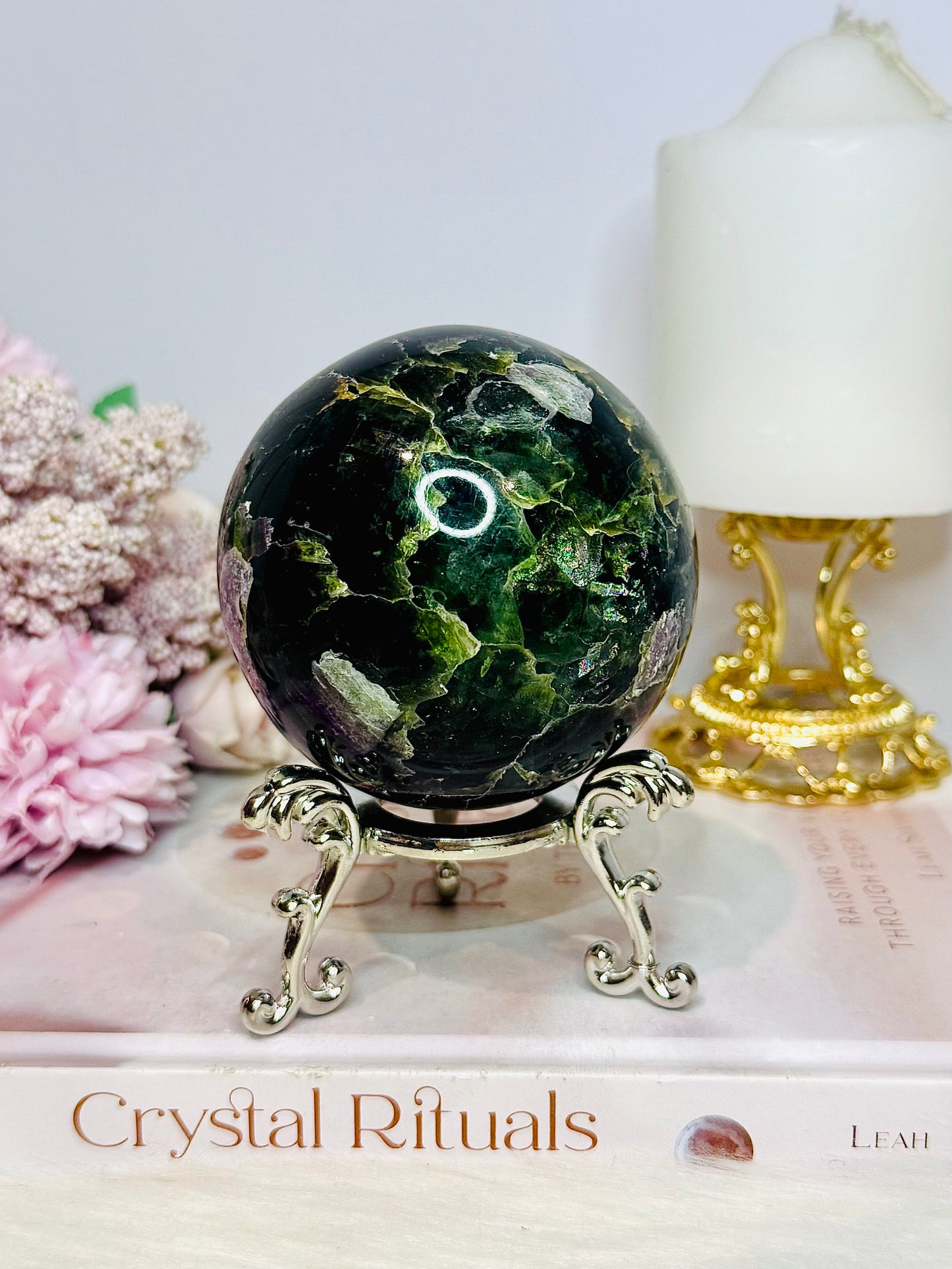 Large Fluorite Sphere with Rainbows 728g On Stand