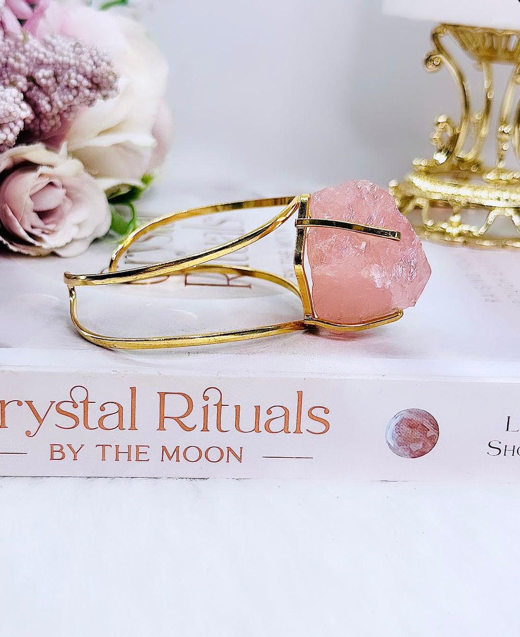 High Grade Raw Rose Quartz Chunky Adjustable Gold Plated Bracelet From Brazil In Gift Bag