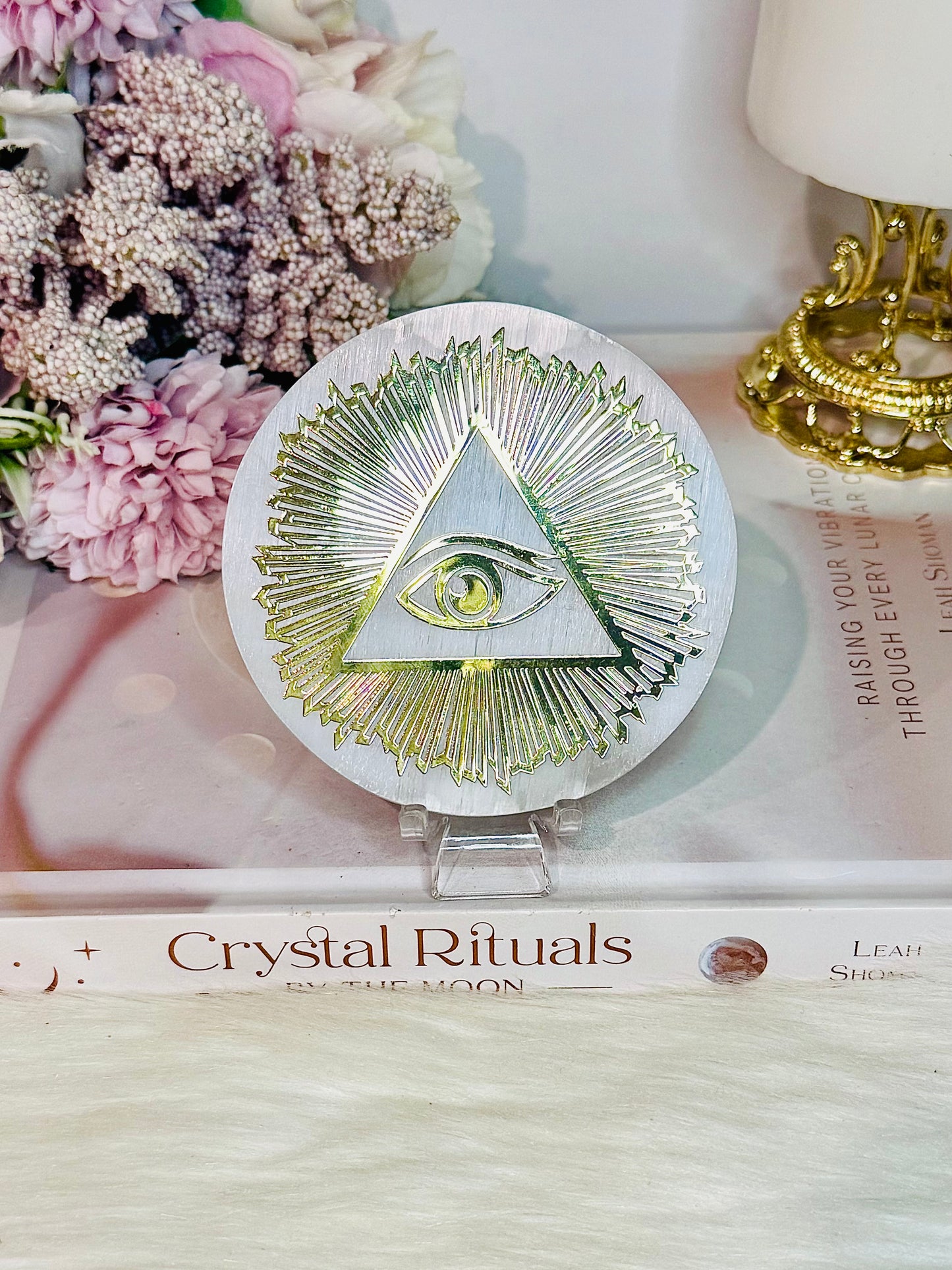 Amazing Selenite Slab with Gold Evil Eye Carving on Stand 8cm
