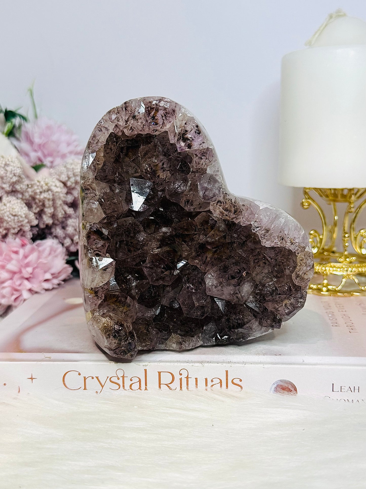 Large Natural Amethyst Carved Chunky Heart 944g with Goethite Inclusions