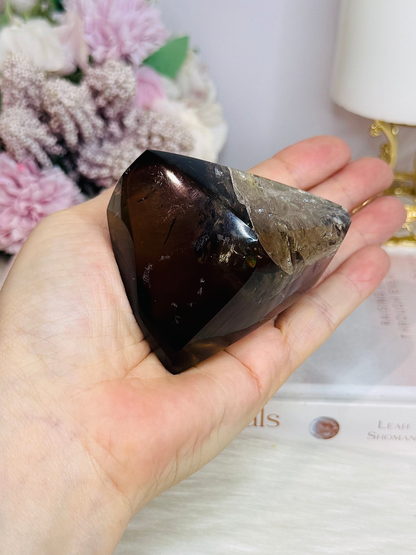 High Grade Smokey Quartz Polished Freeform With Rainbows On Stand 375g