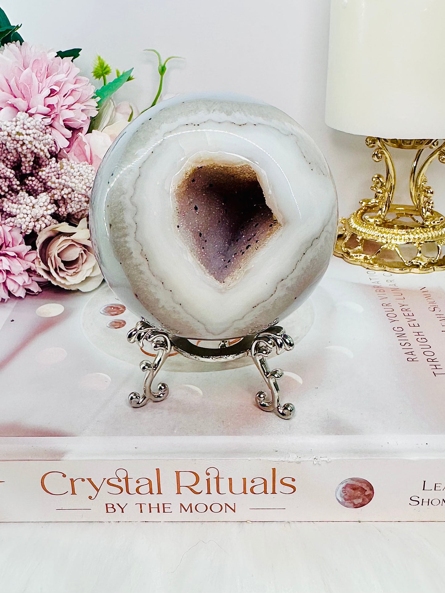 Stunning Large 529gram Sugar Druzy Agate Sphere on Stand