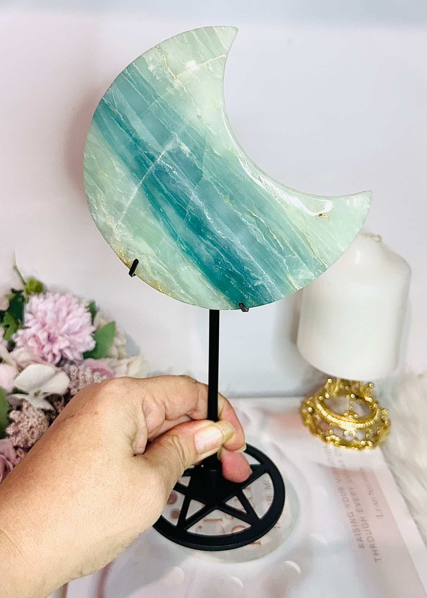 Large Sky Blue Quartz Carved Chunky Moon On Stand 25cm 626grams