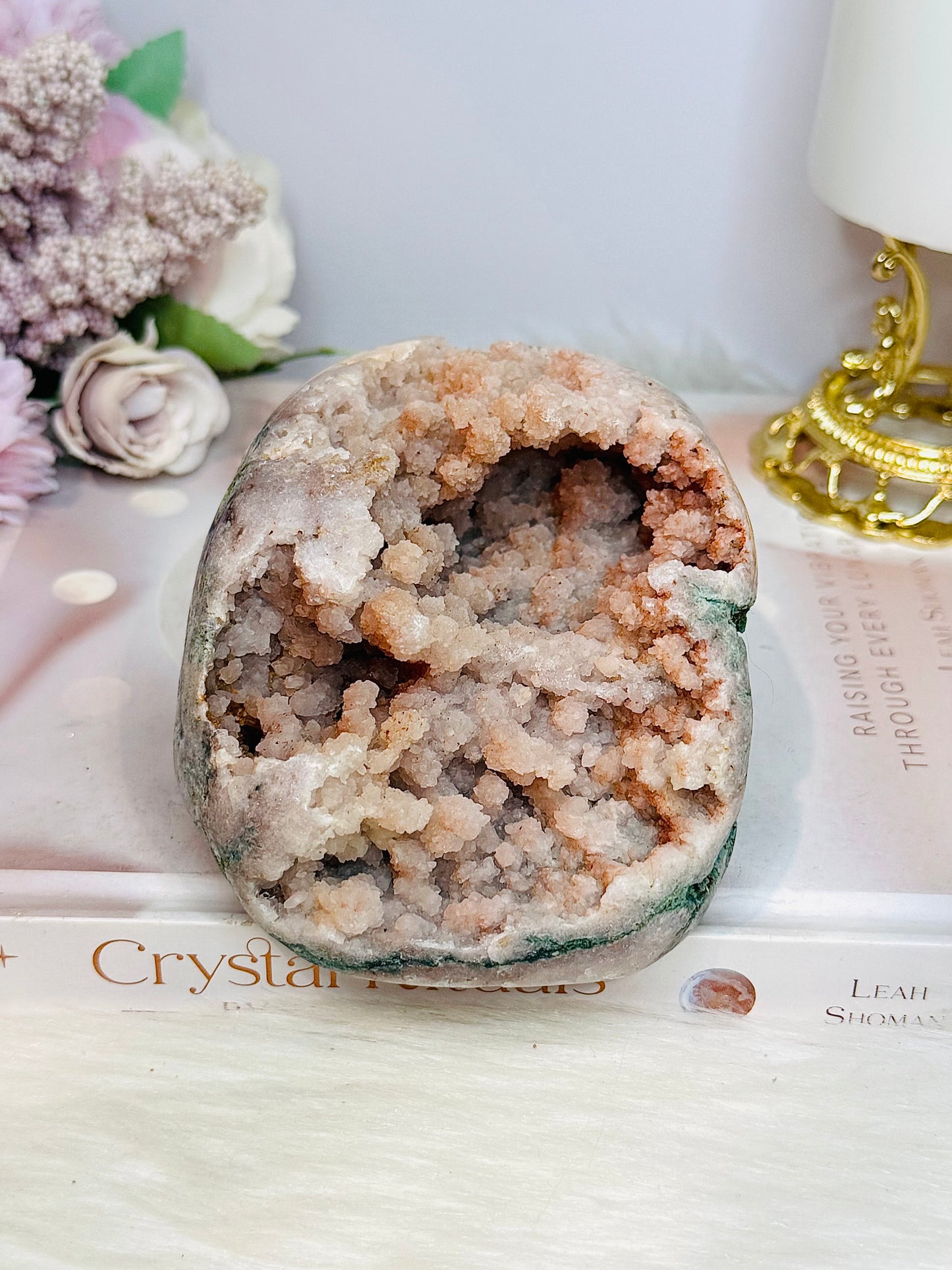 Large Natural Pink Amethyst Base Cut Freeform Cluster with Green Jasper Inclusions 762g