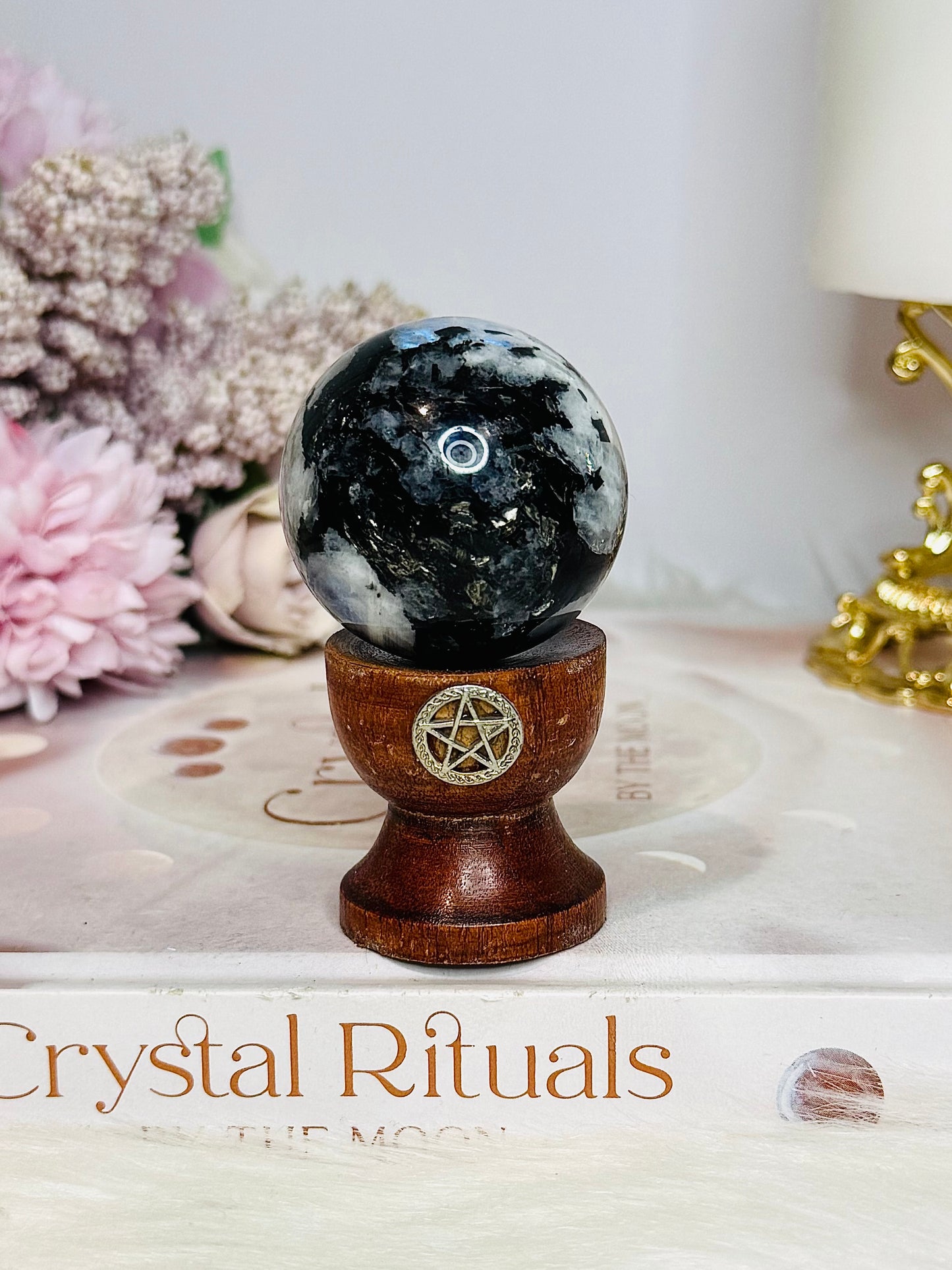 Rainbow Moonstone Sphere with Blue Flash On Stand 8cm