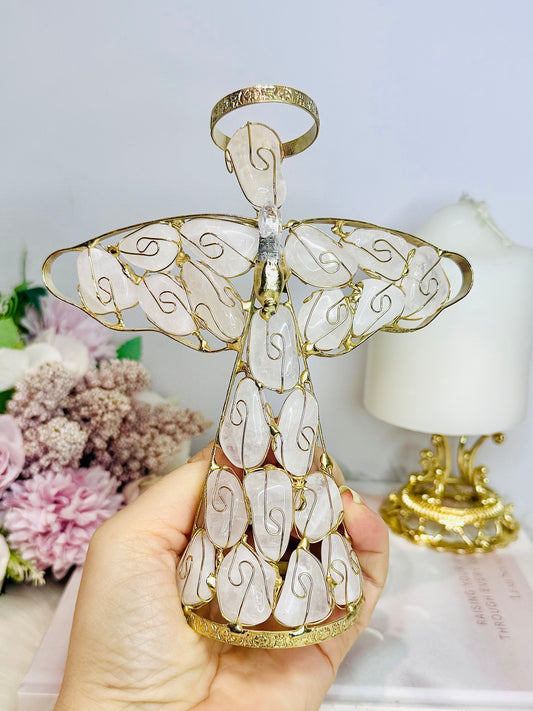 Large 16cm Rose Quartz Gold Angel with Vera Cruz