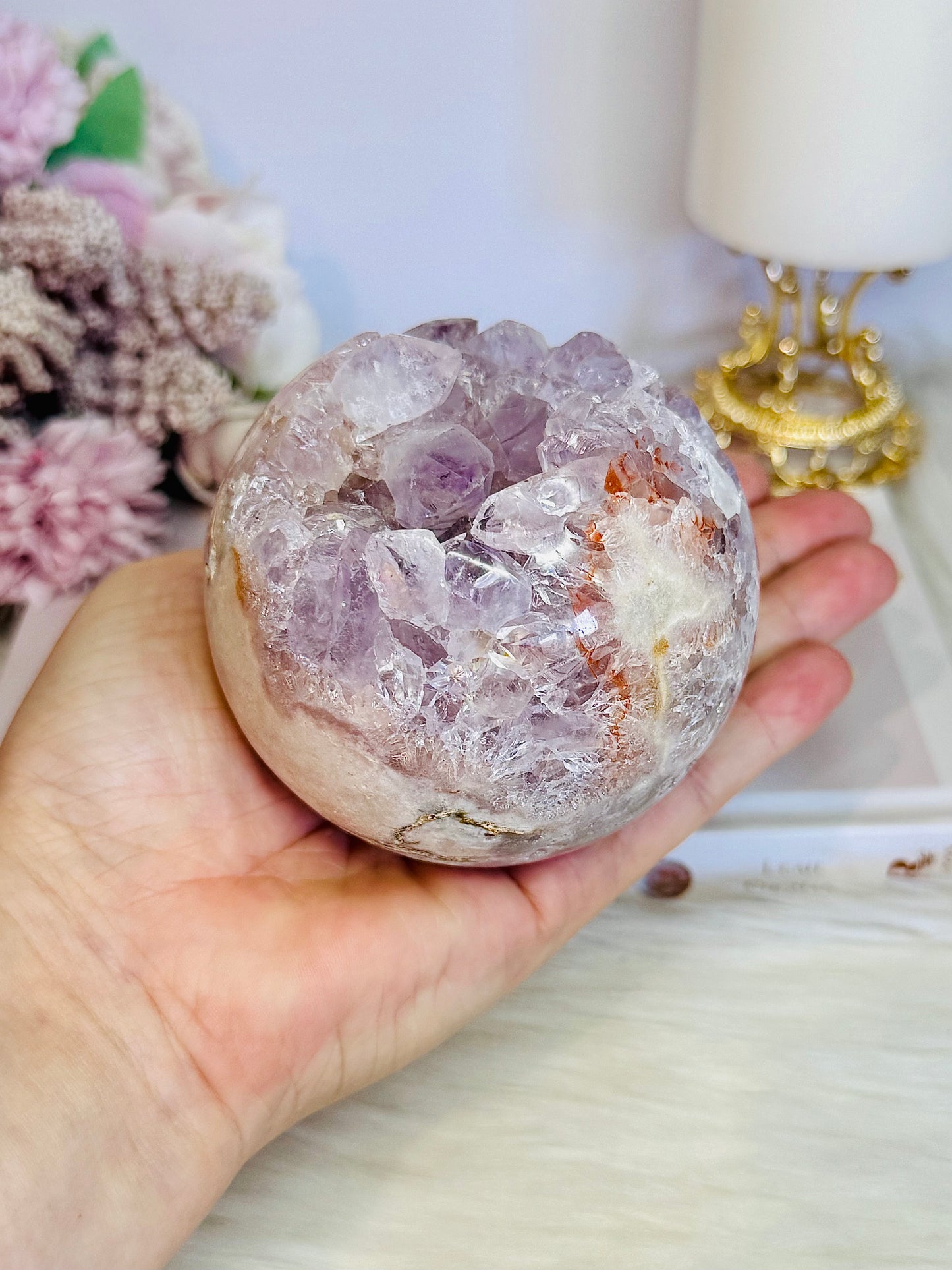 Classy & Fabulous High Grade Pink Amethyst Druzy Sphere On Stand From Brazil 702grams