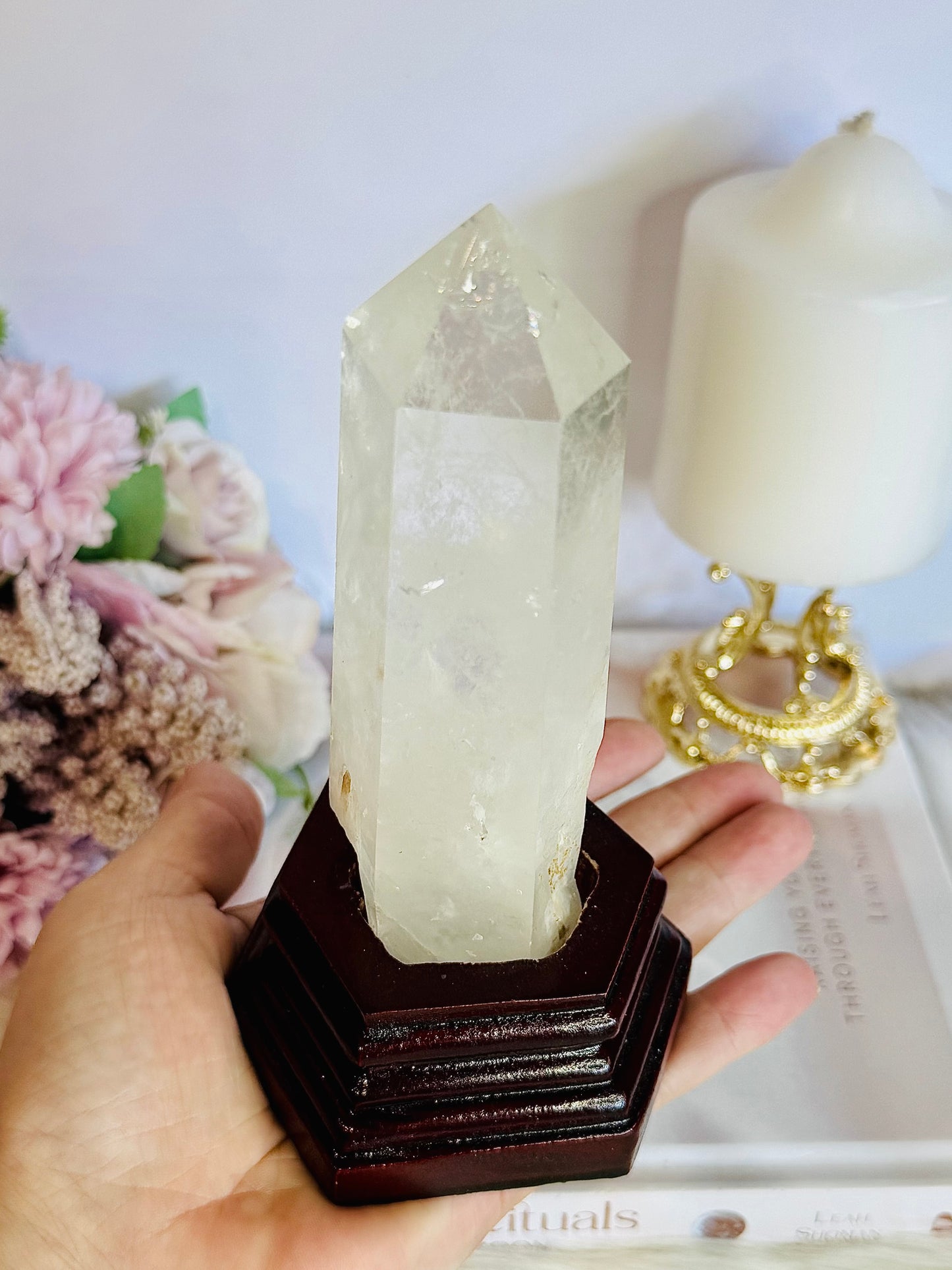The Master Healer ~ Truly Stunning Large Clear Quartz Tower on Timber Stand 14.5cm