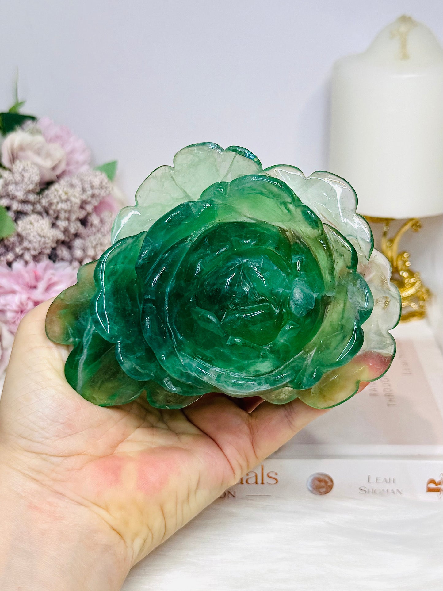 Large Green Fluorite Carved Flower 13cm