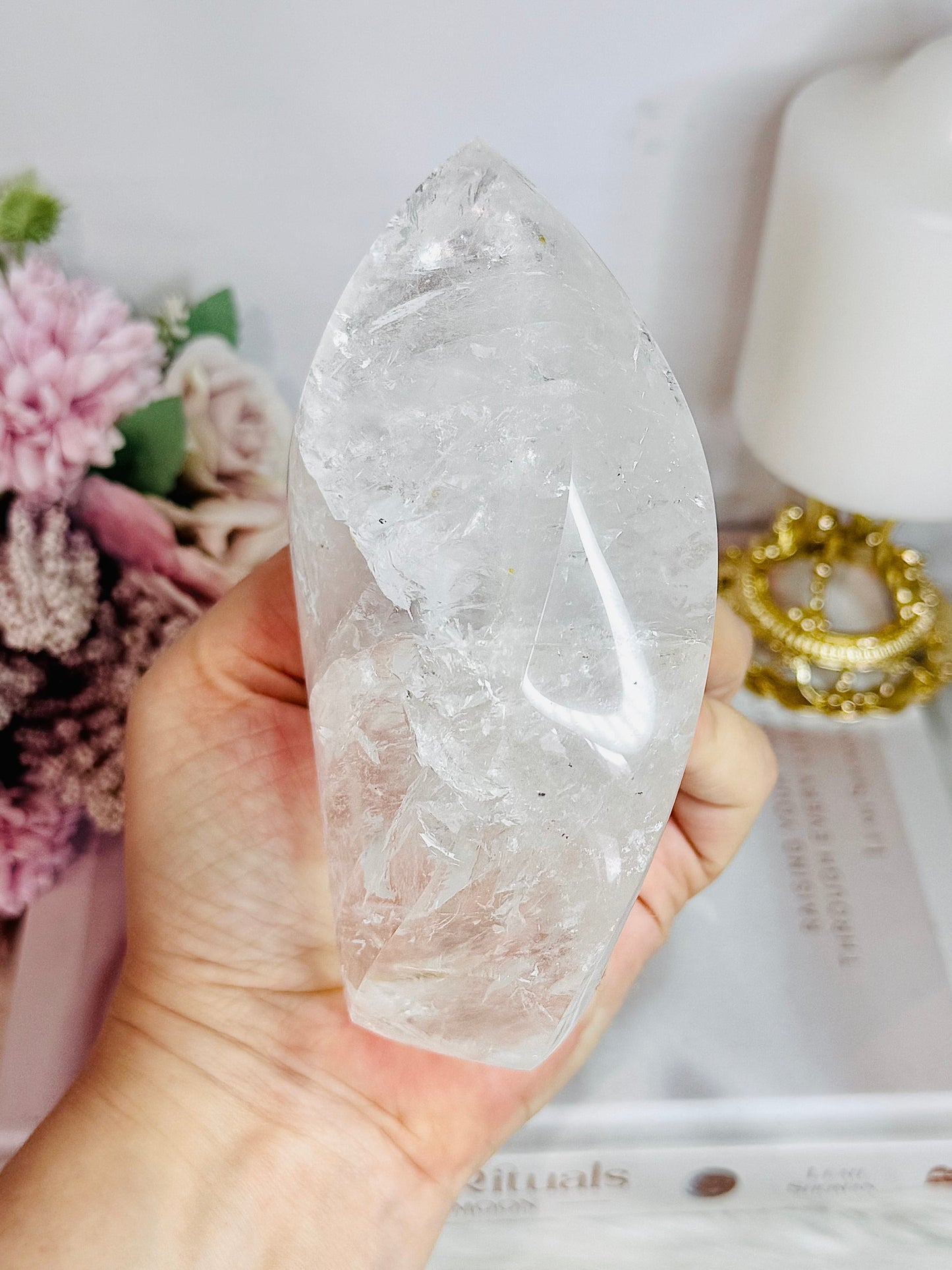 Absolutely Stunning High Grade Large Clear Quartz Carved Flame | Freeform with Rainbows From Brazil 677grams