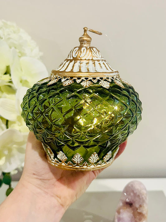 Glass Lantern Led Temple Green Avocado 15.5cm