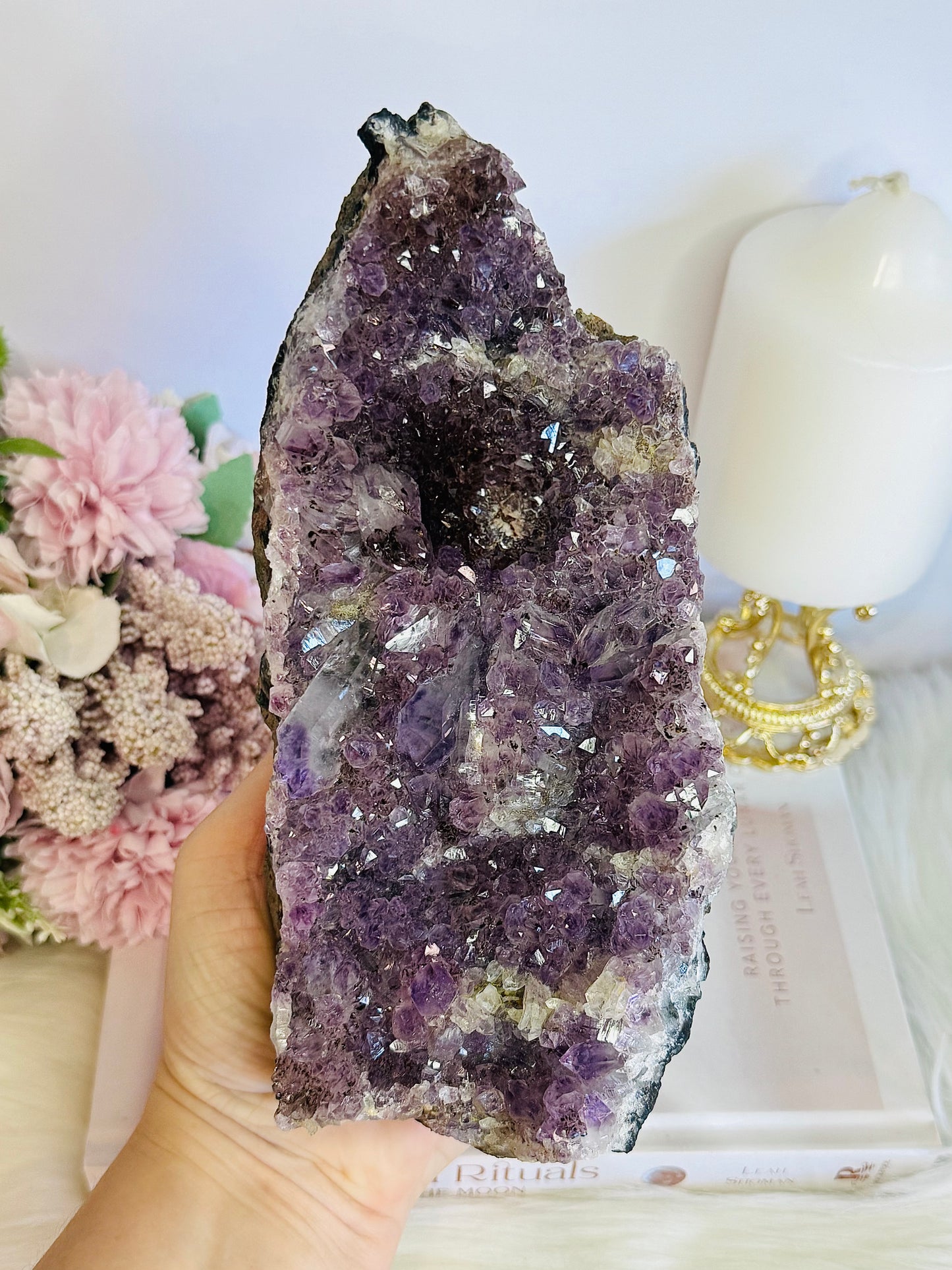High Grade Amethyst Natural Cluster Slab with Stalactite Formations On Custom Stand 23cm 1.03KG