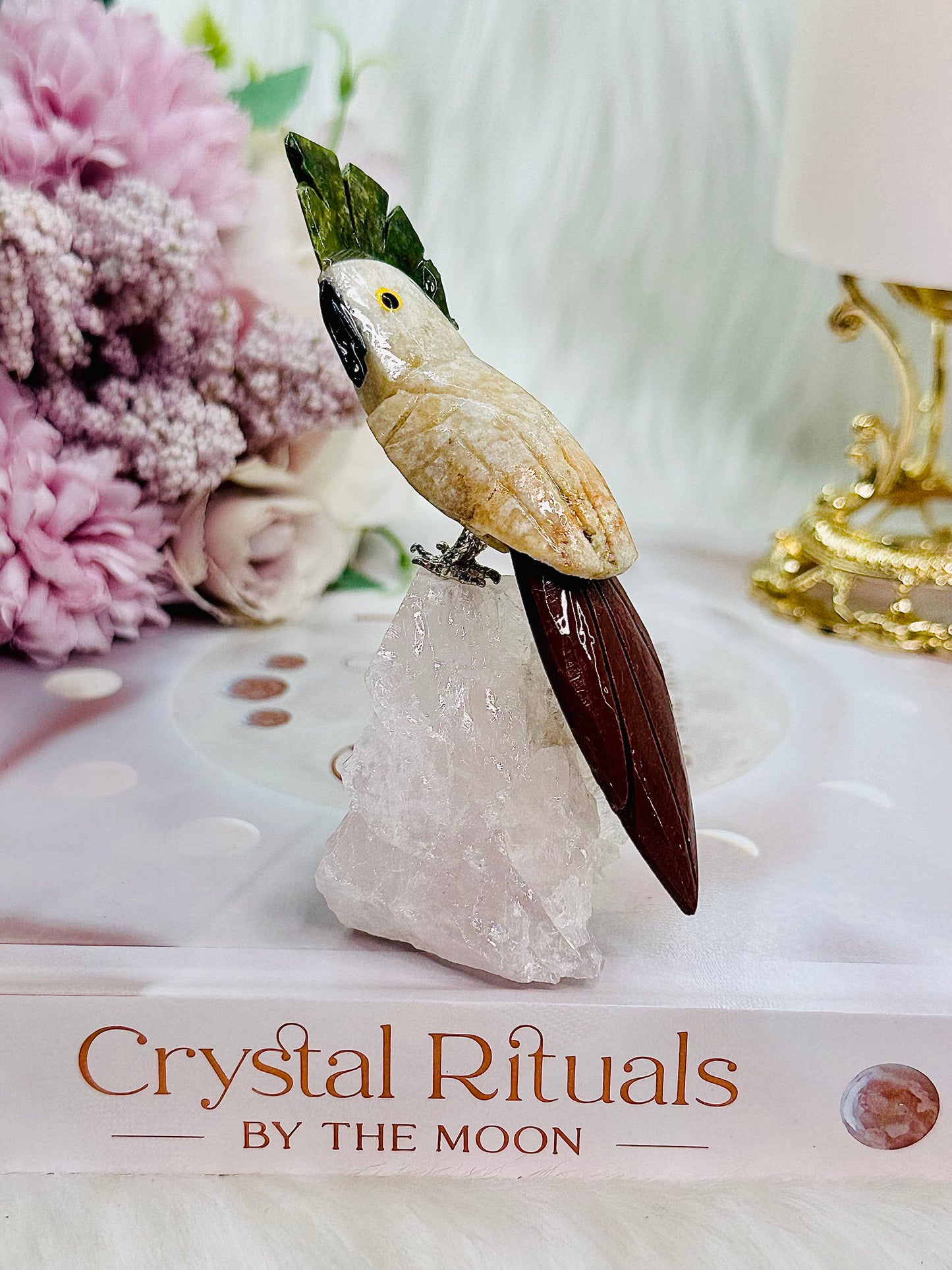 Beautiful Jade Carved Bird on Rose Quartz Stand