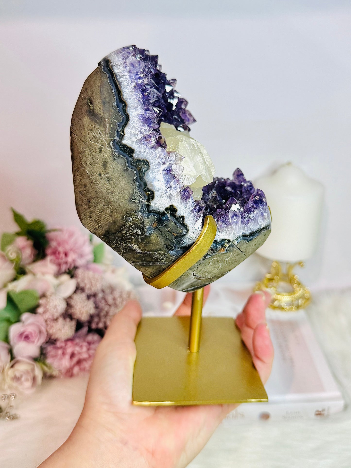 Huge Stunning High Grade Deep Purple Amethyst Cluster with Calcite Inclusion On Gold Stand 21cm 1.5KG
