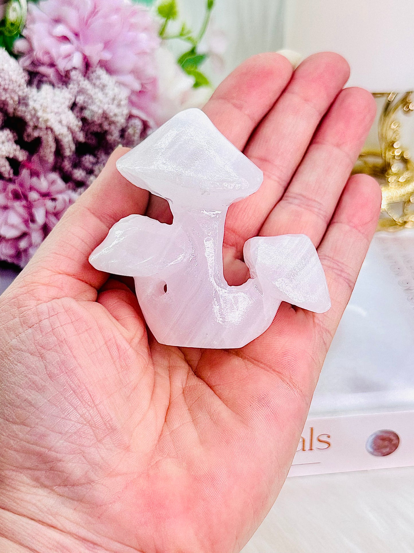 Beautiful Pink Manango Calcite Triple Mushroom Carving