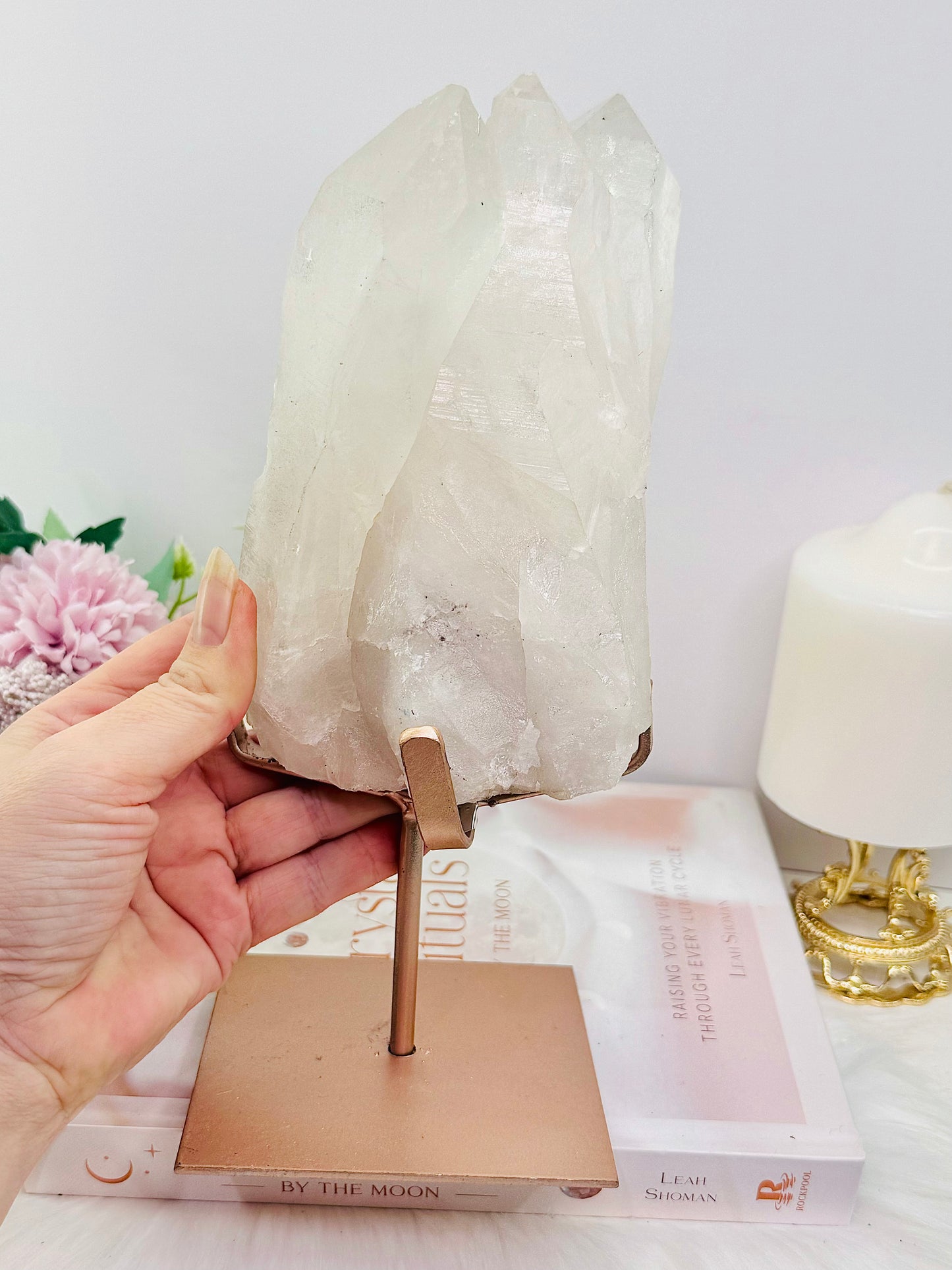 Incredible Large 1.6KG 23cm Natural Clear Quartz Specimen on Rose Gold Custom Stand From Brazil