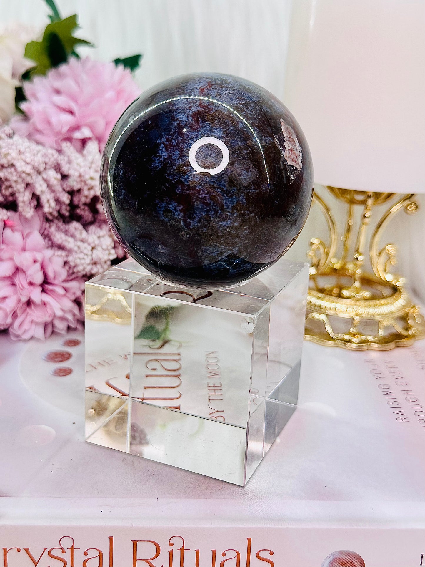 Peace & Tranquility ~ Beautiful Moss Agate Sphere On Stand 291grams (Glass stand in pic is display only)