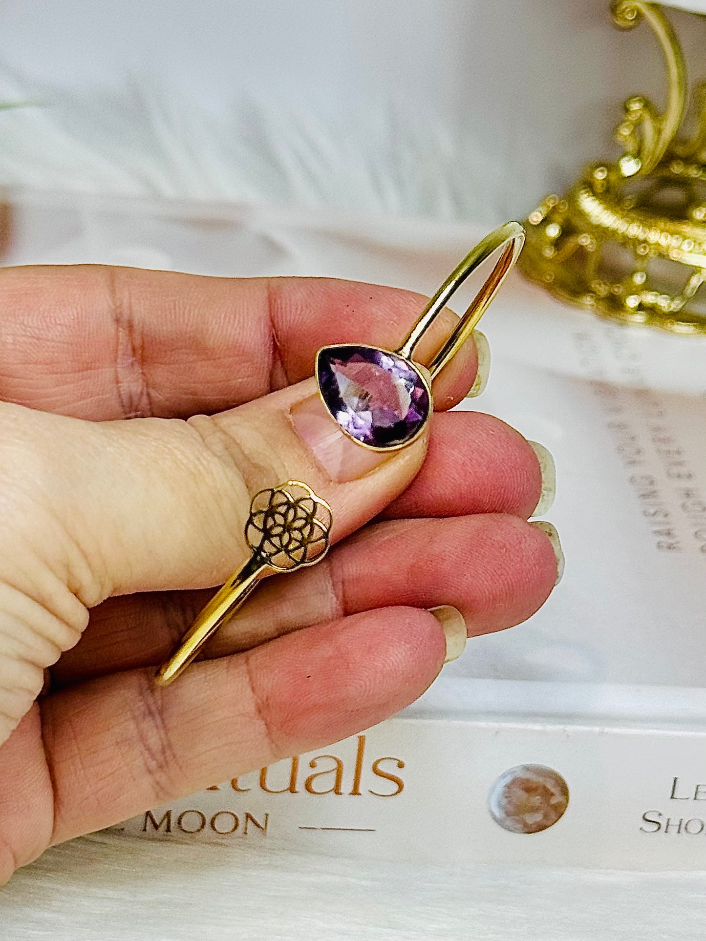 Brass & Amethyst Flower of Life Bangle