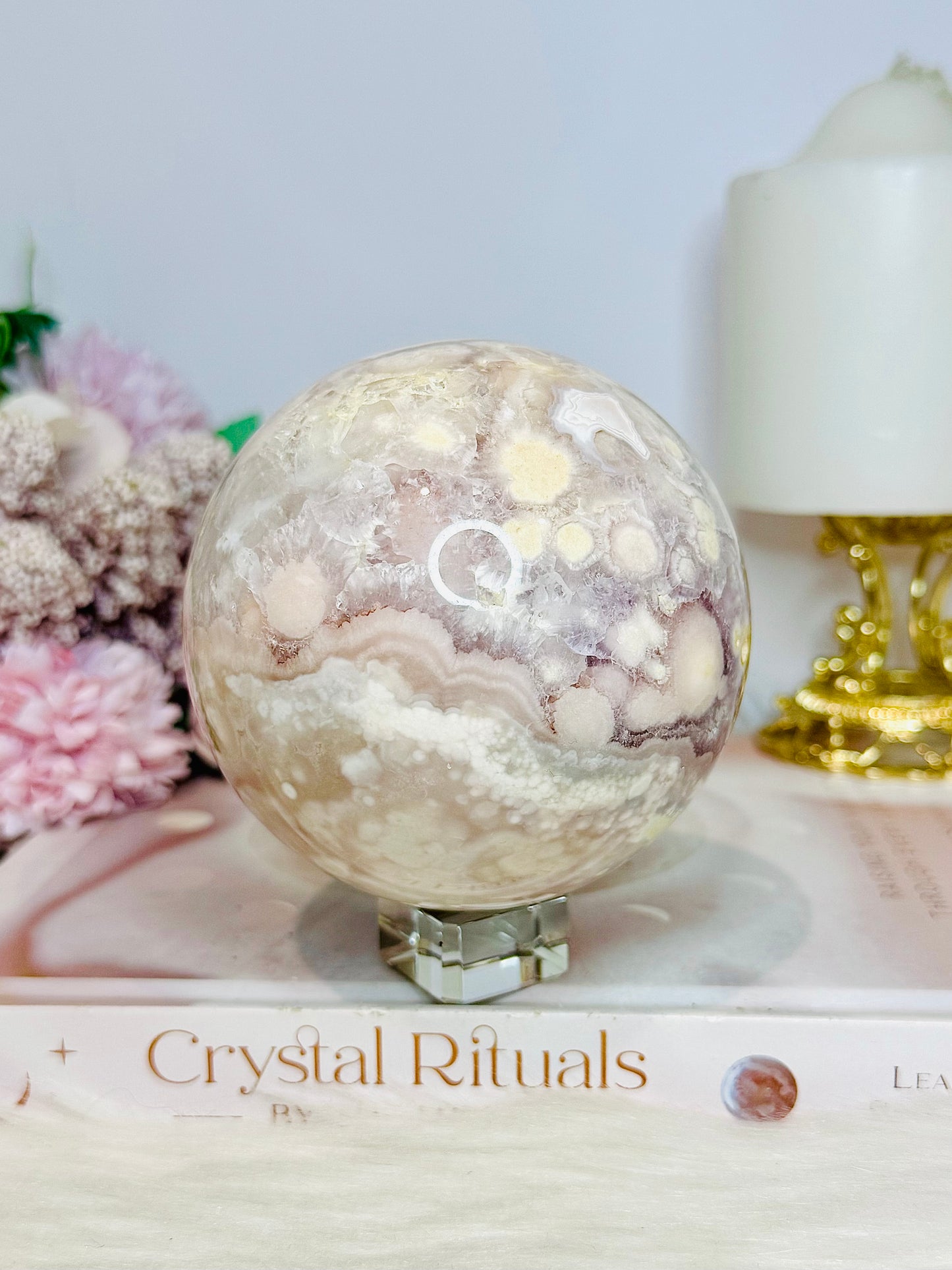 Rare Pink Amethyst X Flower Agate Large Sphere 890g On Stand