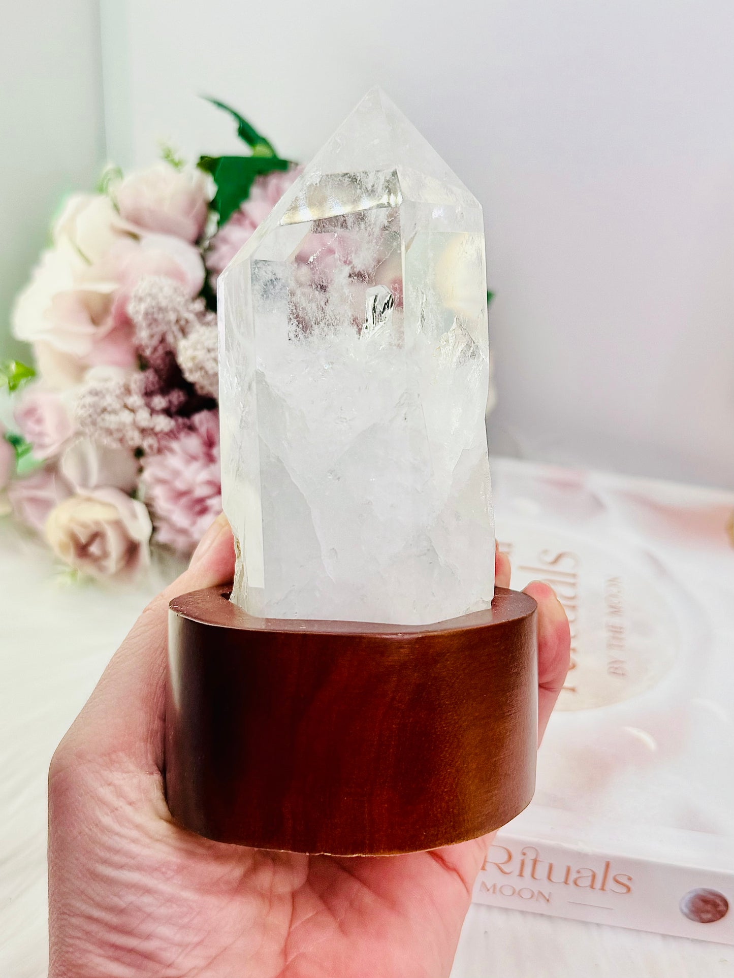 Natural Clear Quartz Tower On Timber Base 14.5cm 512grams