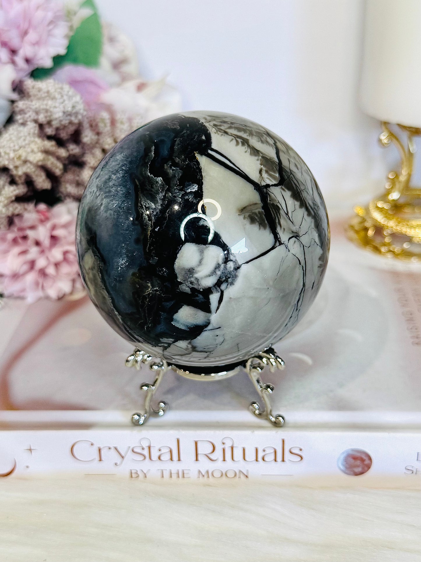 Natural Volcano Agate Druzy Sphere UV Reactive On Stand 607grams