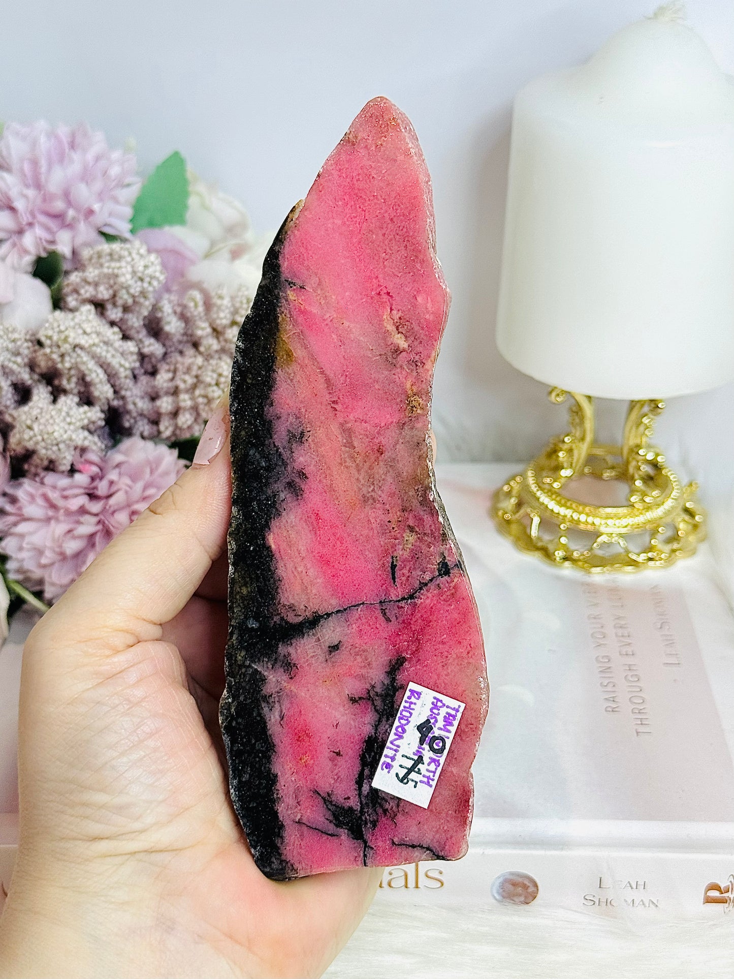 High Grade Rhodonite Slab on Stand 15cm