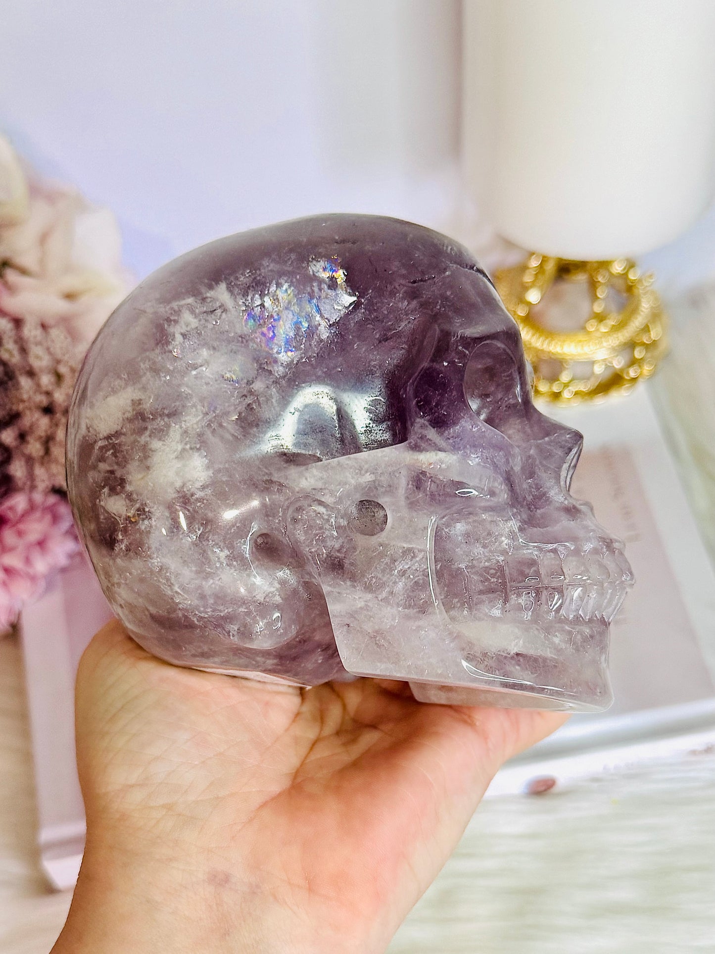 Huge 991gram High Grade Amethyst Carved Skull with Rainbows