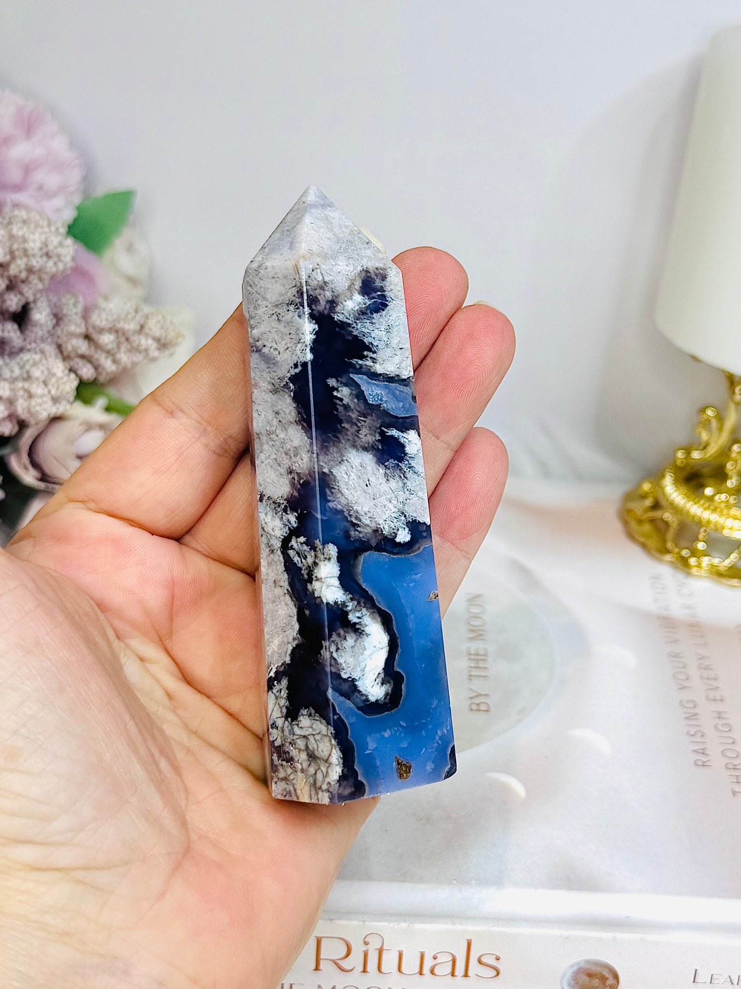 High Grade Blue Flower Agate Tower 10cm