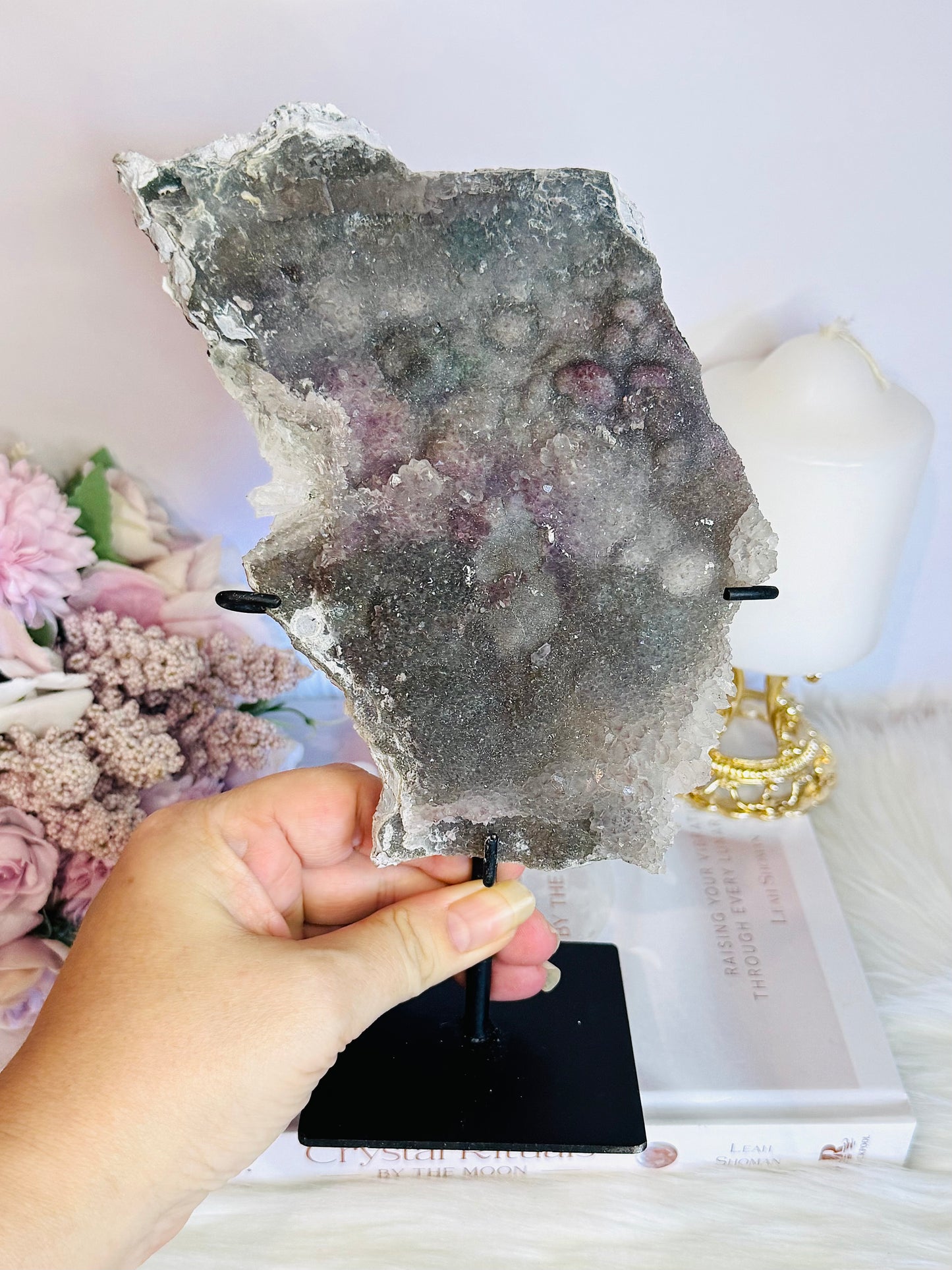 Beautiful Natural Zeolite | Flower Amethyst Slab on Custom Made Stand 22cm (Inc Stand)