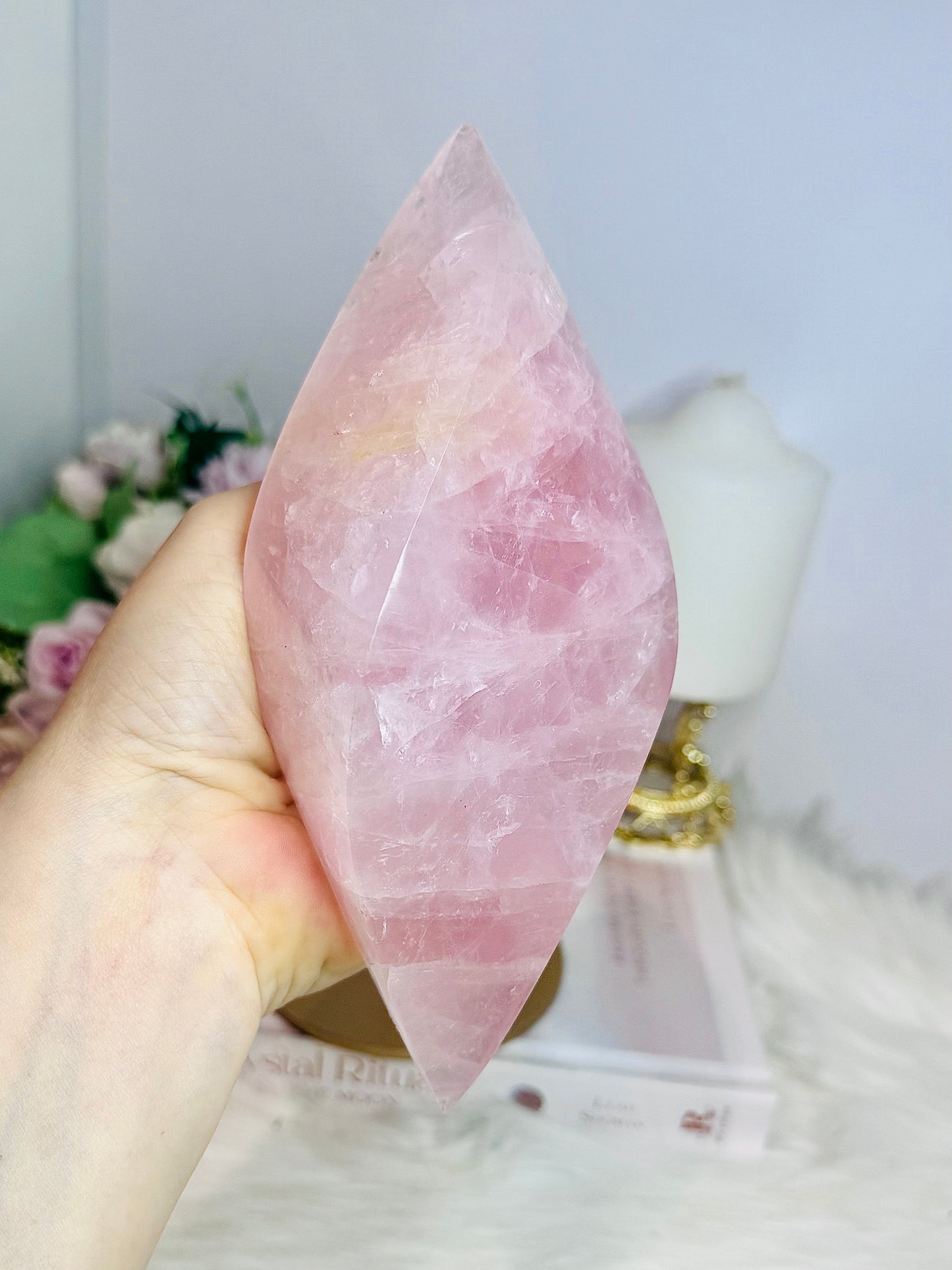 Large Rose Quartz Perfectly Carved Flame On Gold Stand 1.05KG 28cm