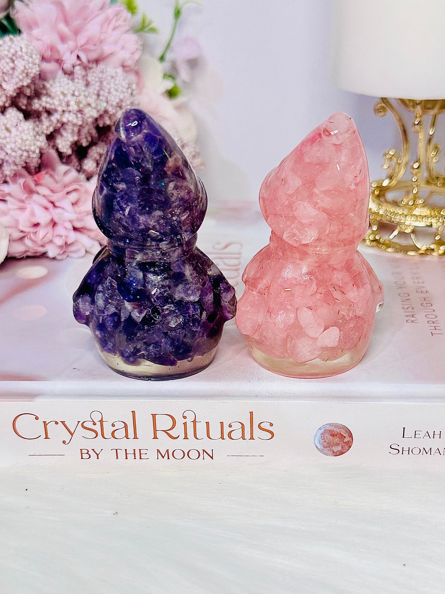 Beautiful Set of 2 Christmas Resin Snowman Crystals Amethyst & Rose Quartz