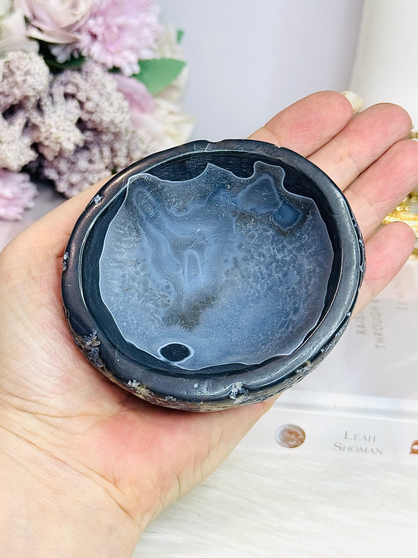 Natural Agate Carved Bowl Filled with Lepidolite Tumbles 426g