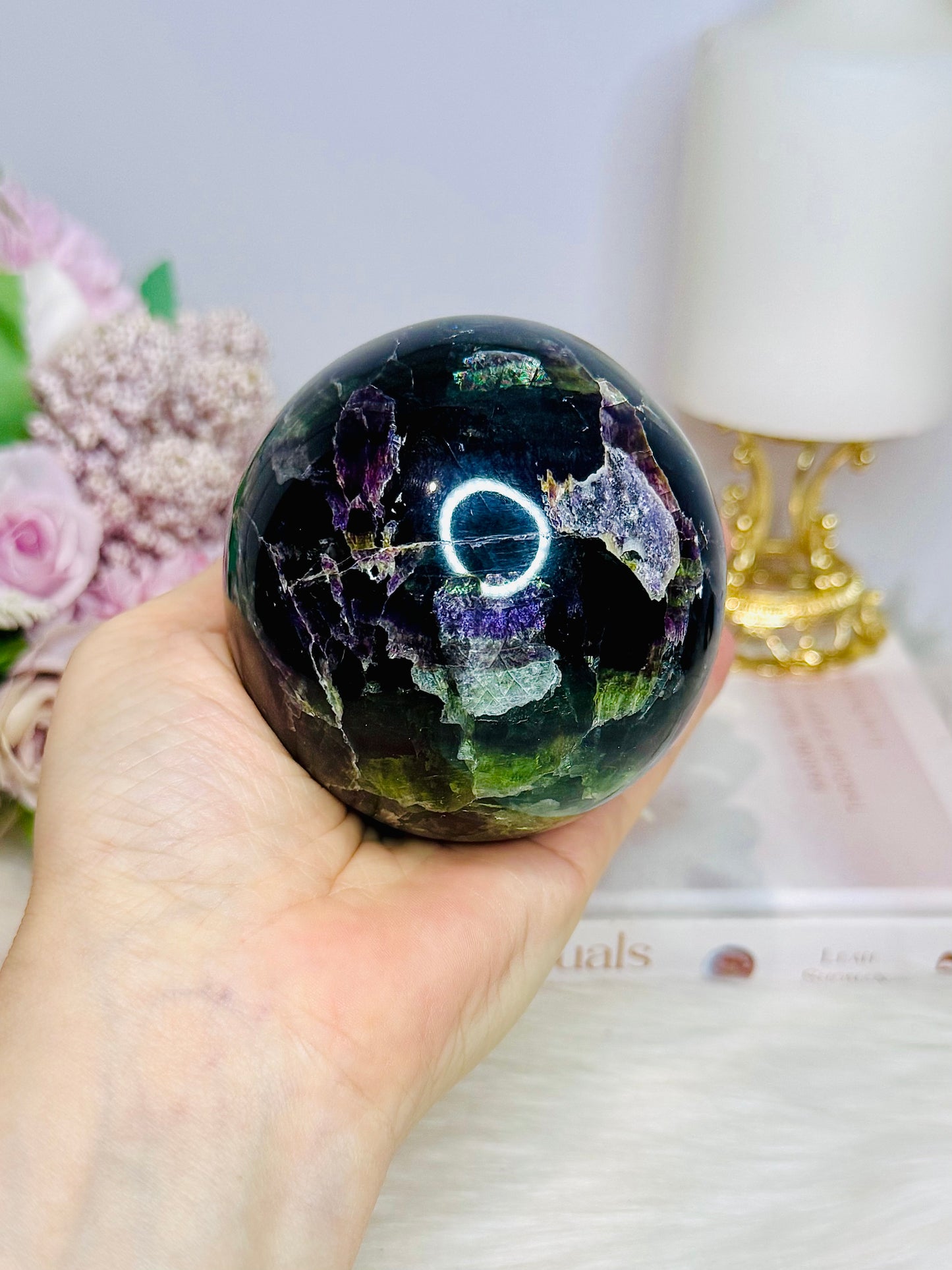 Large Fluorite Sphere with Rainbows 728g On Stand