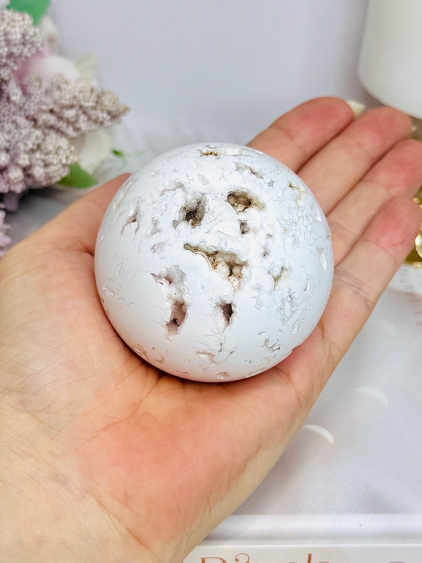 Large White Druzy Agate Sphere on Stand 297g