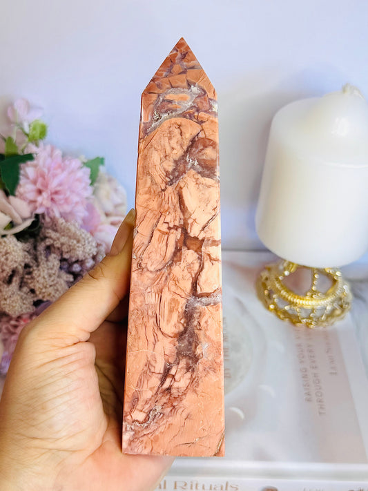 Gorgeous Large 16.5cm Natural Pink Cotton Candy Agate Carved Tower