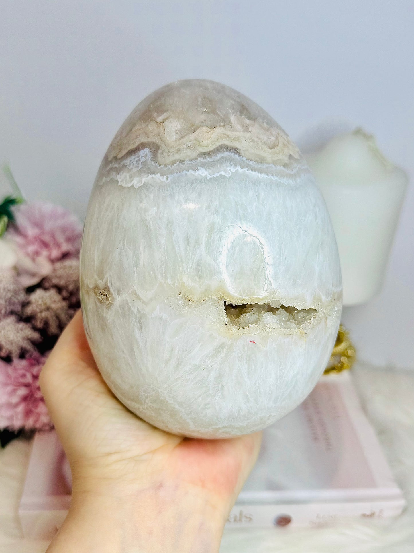Huge Druzy Agate Carved Egg On Stand 1.75KG