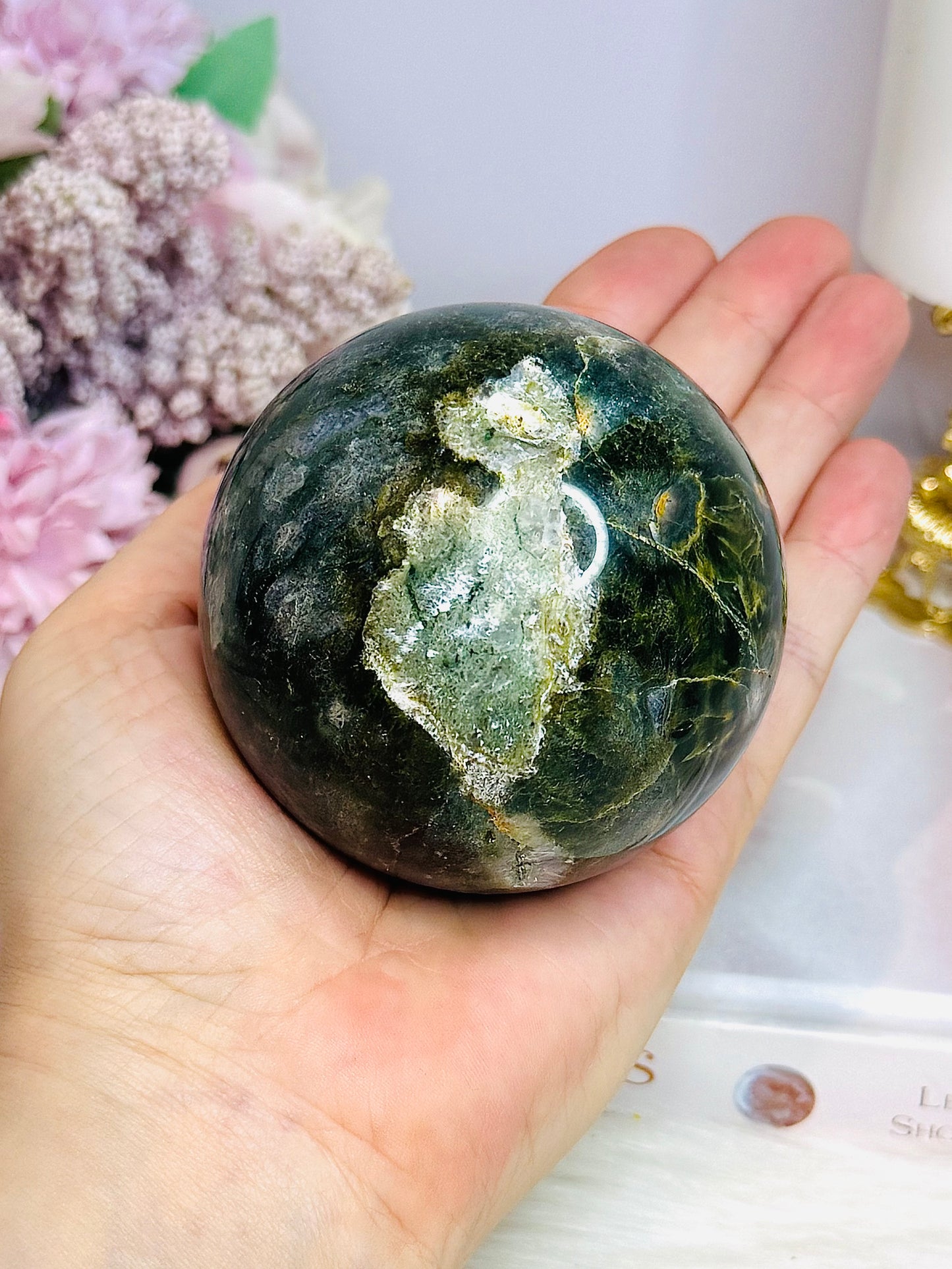 Large Green Jasper Druzy Sphere on Stand 490g