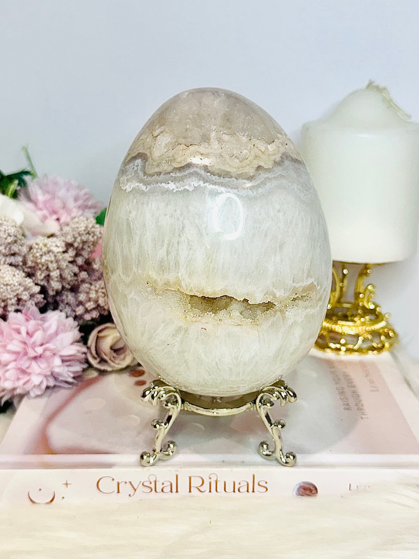 Huge Druzy Agate Carved Egg On Stand 1.75KG