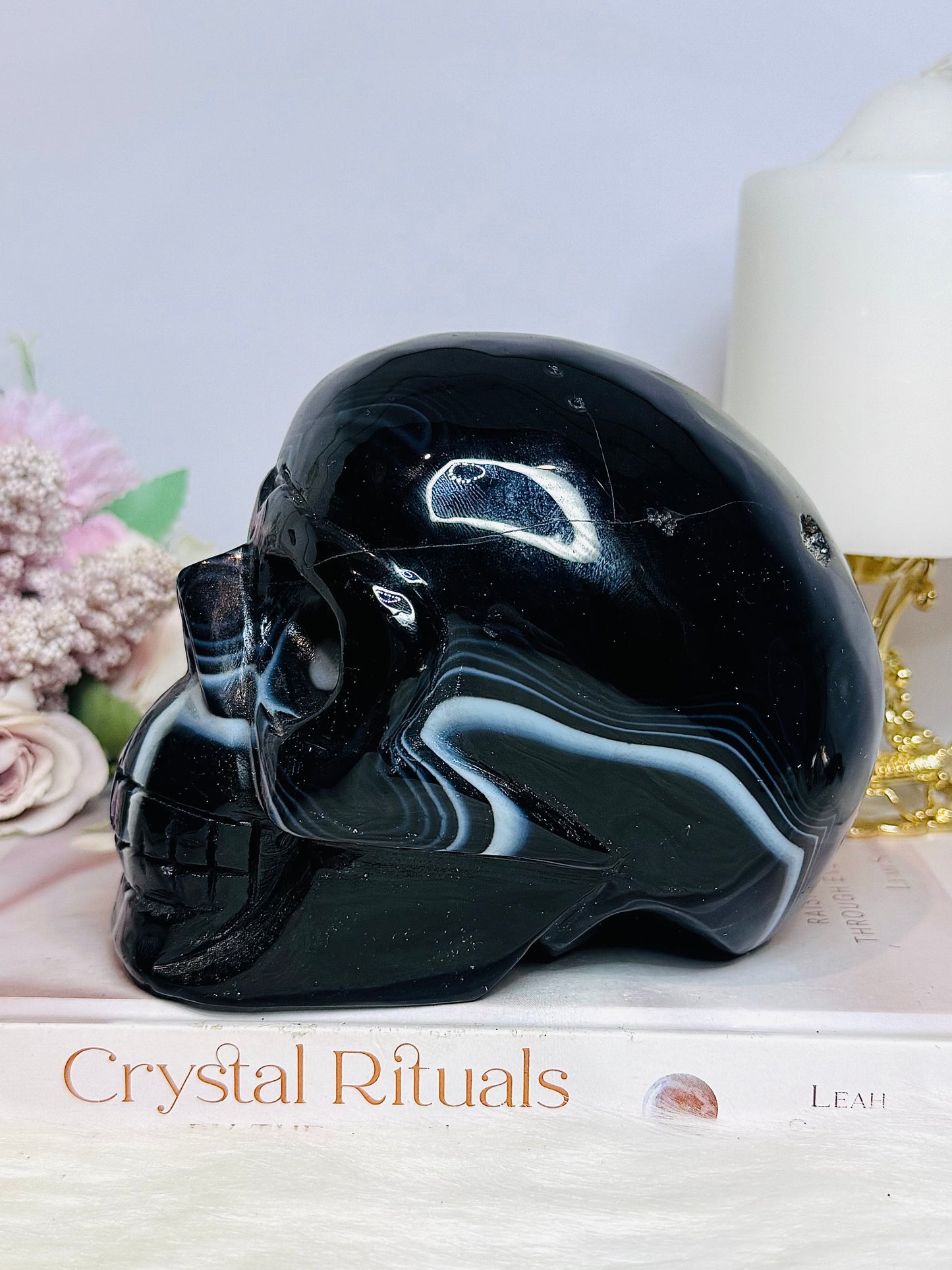 Huge Black Striped Agate Carved Skull 1.85KG 13cm