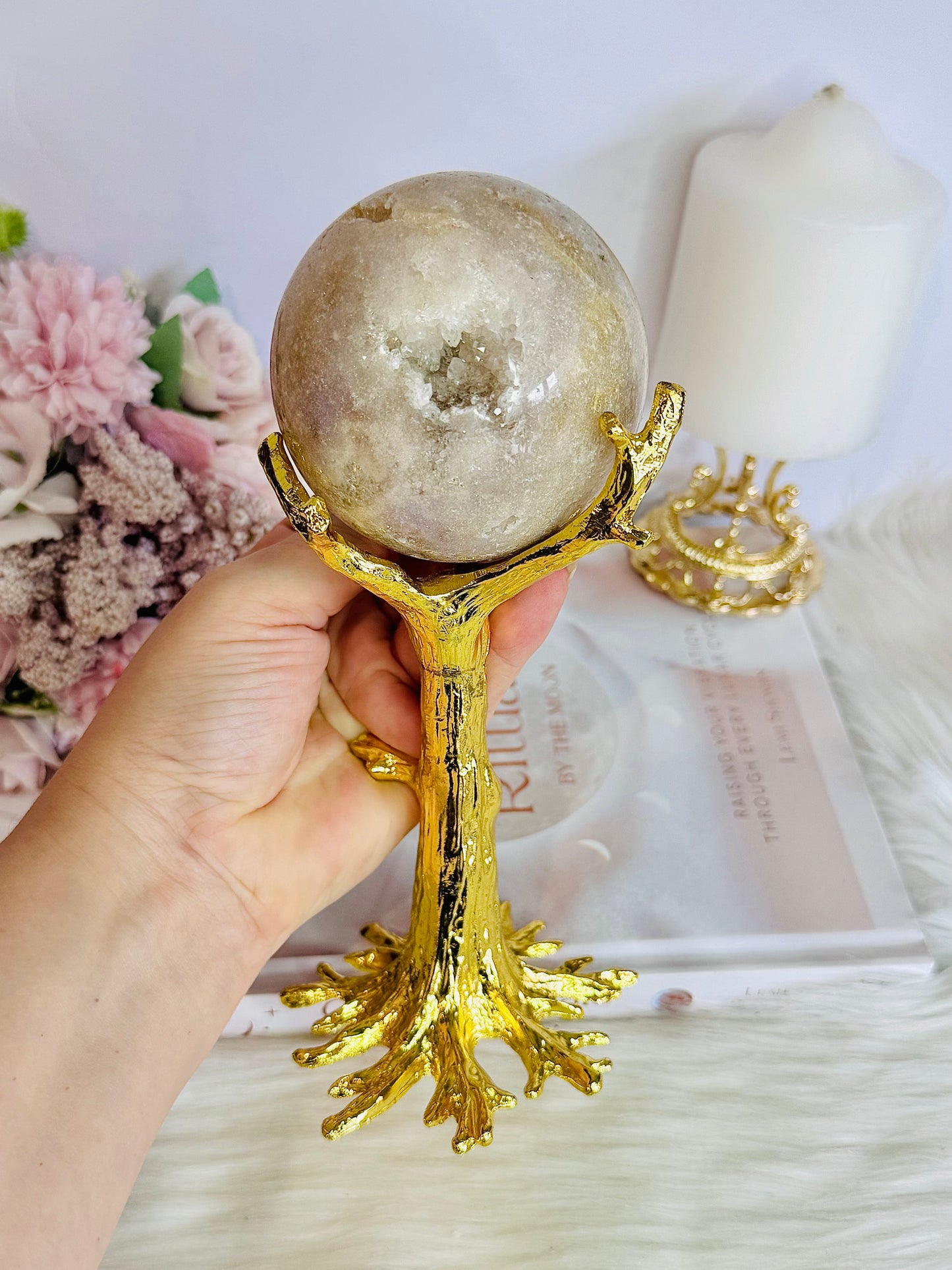 Stunning Druzy Pink Amethyst Large Sphere on Gold Tree Stand 578grams 20cm