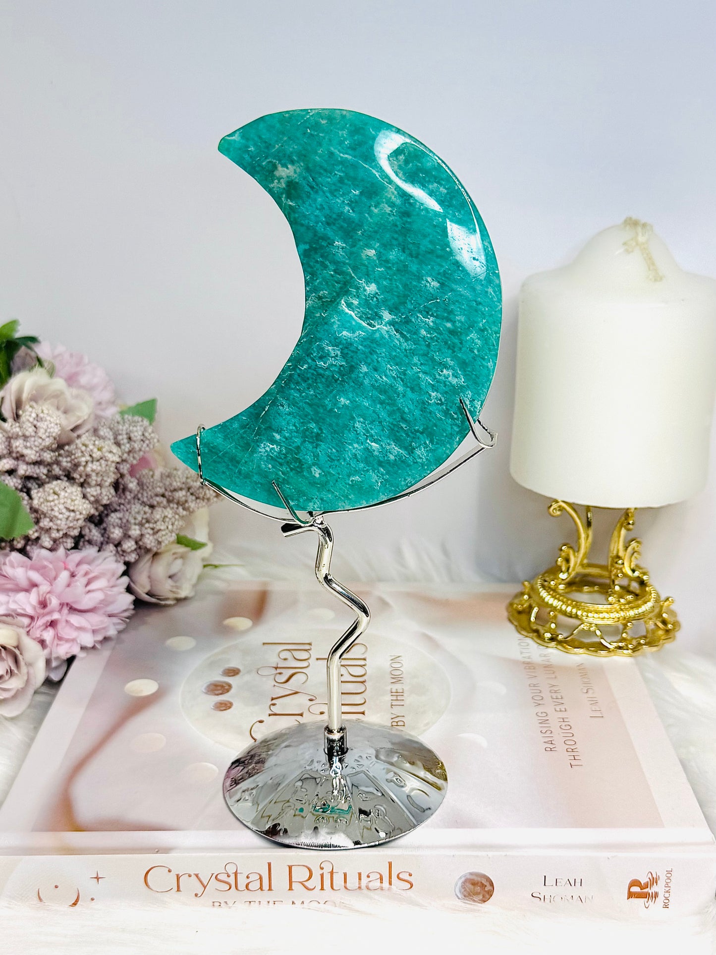 Amazonite Carved Moon On Stand 20cm