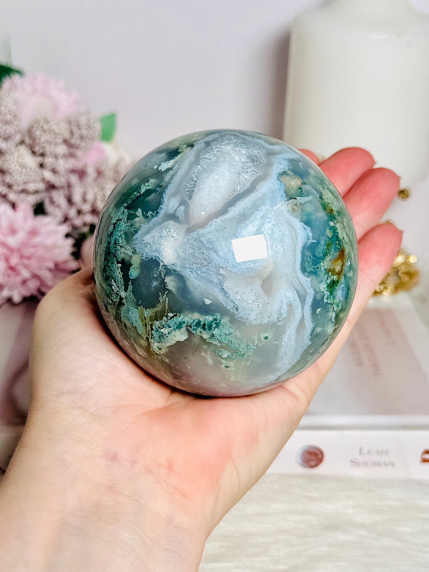 Large Moss Agate Druzy Sphere on Stand 756g