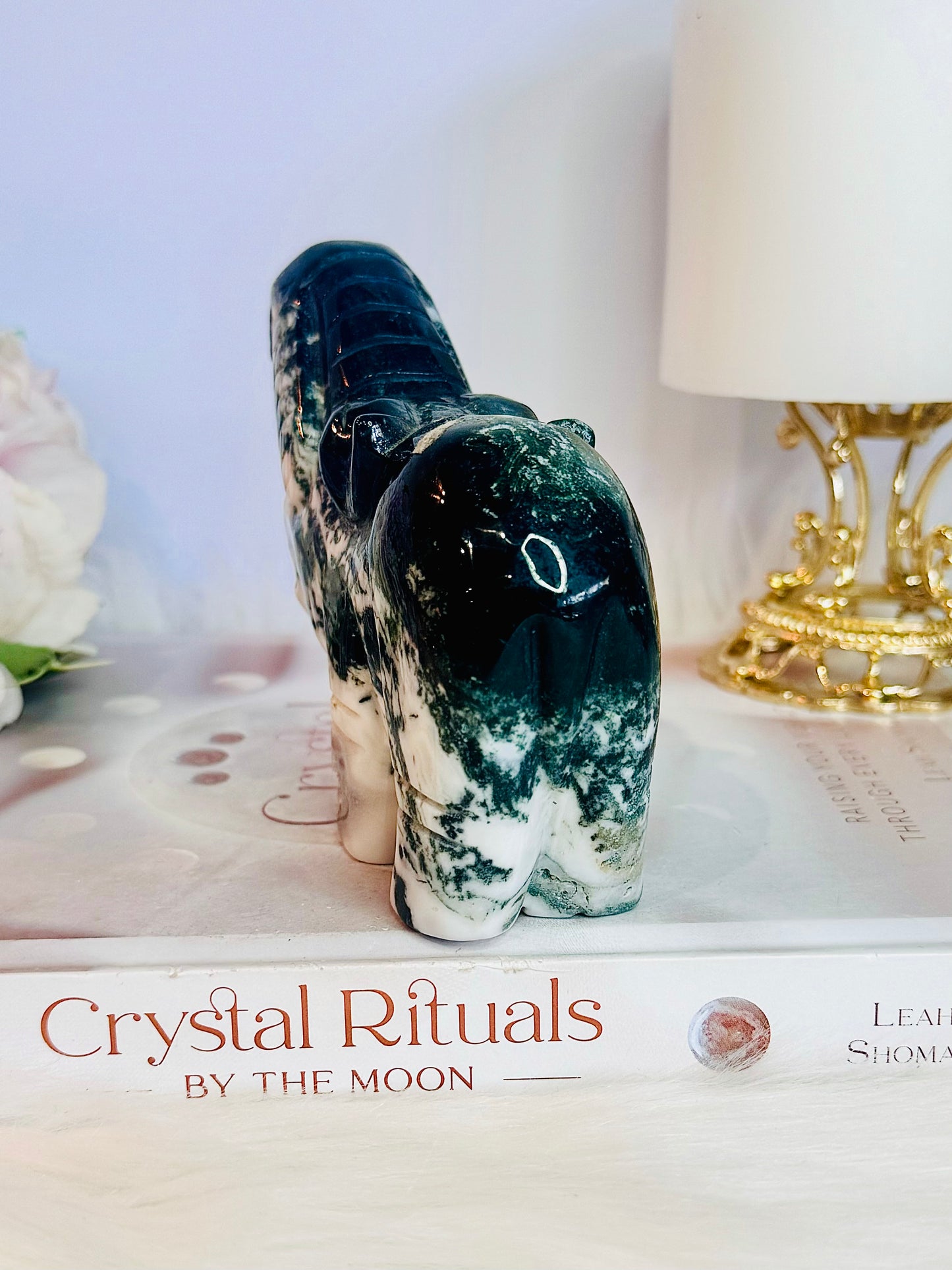 Beautiful Large Green Moss Agate Carved Hippopotamus 14cm 475grams
