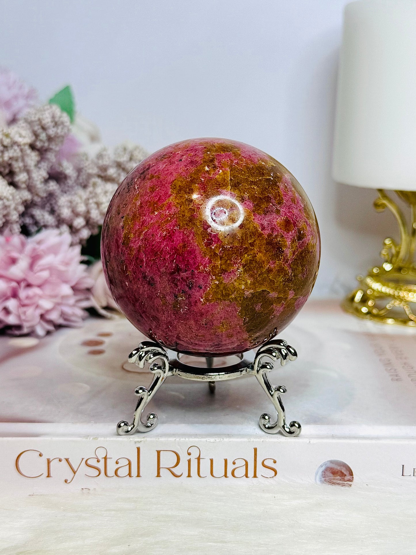Large Rhodonite Sphere 551g On Stand