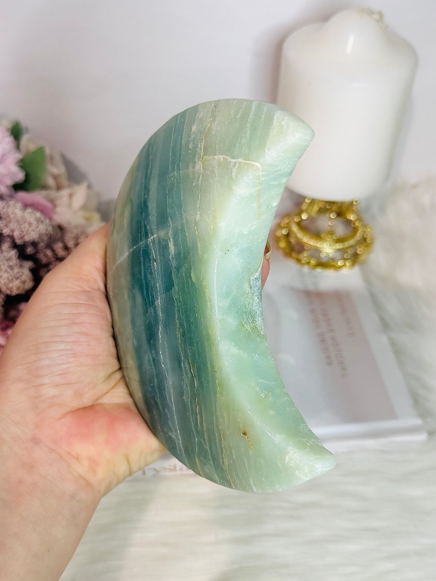 Large Sky Blue Quartz Carved Chunky Moon On Stand 25cm 626grams