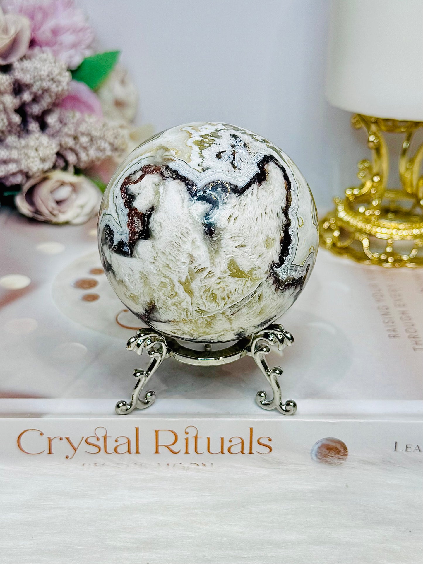 Mexican Lace Agate Druzy Sphere on Stand 331g