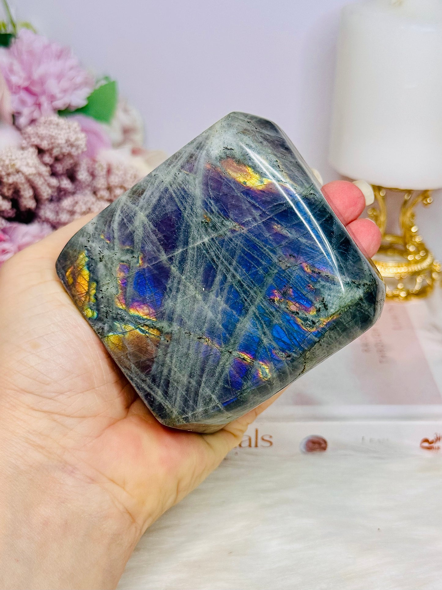 Large Polished Labradorite Freeform 638g with Pink & Purple Flash (looks blue but is purple)
