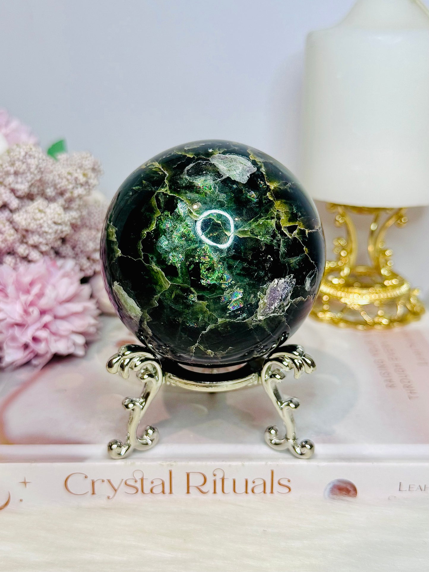 Large Fluorite Sphere with Rainbows 728g On Stand